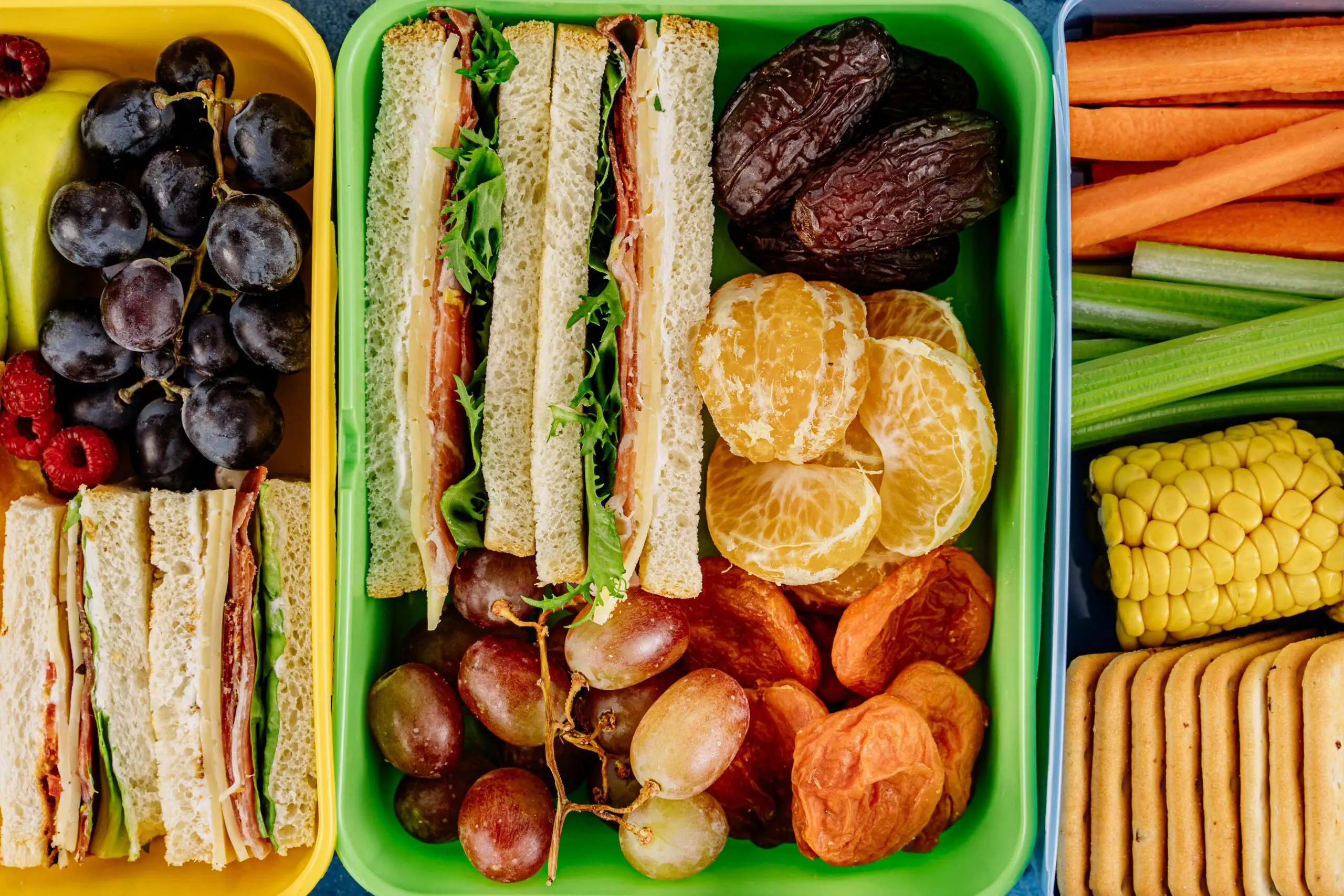 school lunch boxes with sandwiches and fruit that will become school food waste
