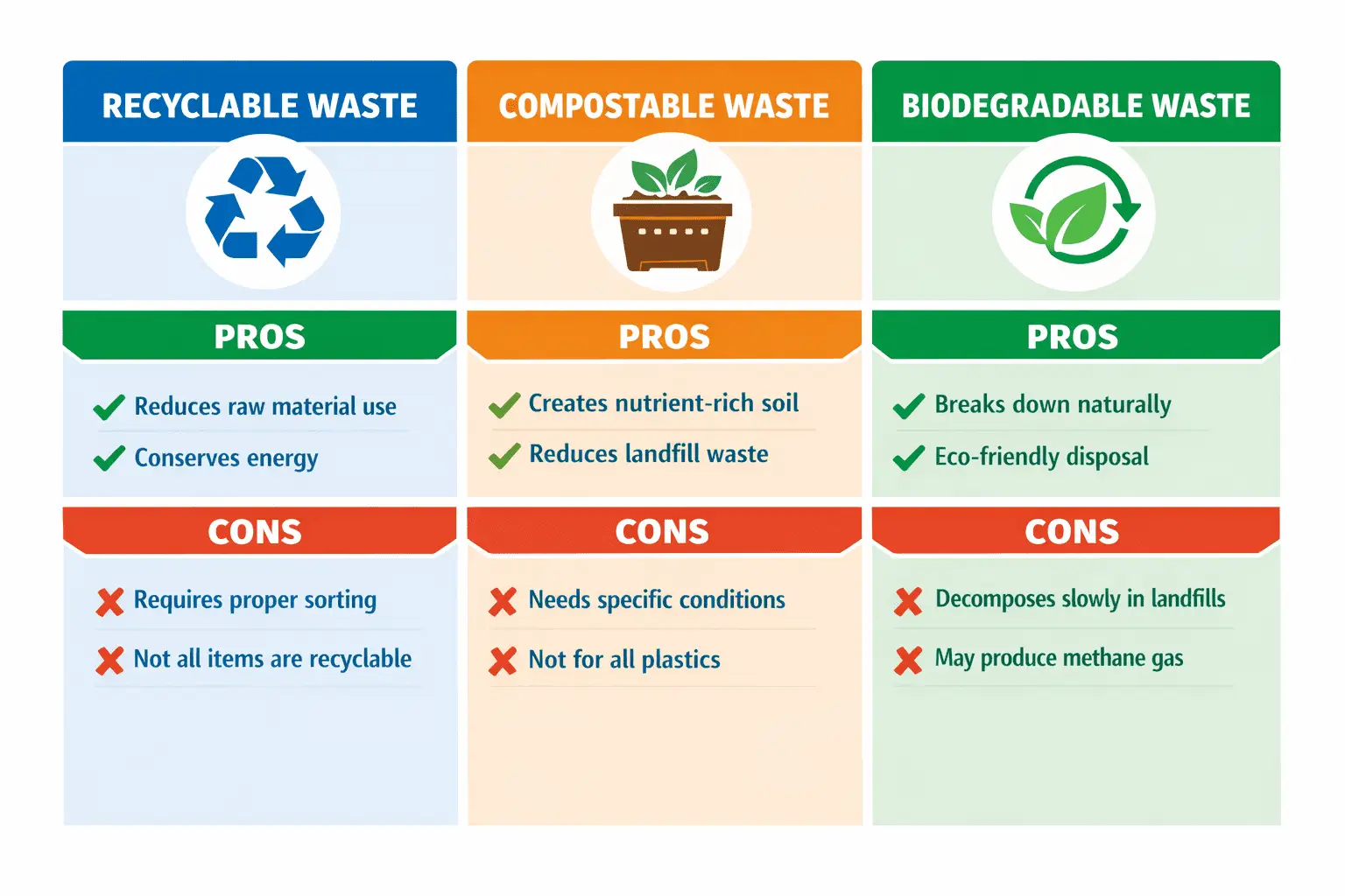 A table showing the diffdrences between recyclable vs biodegradable vs compostable waste