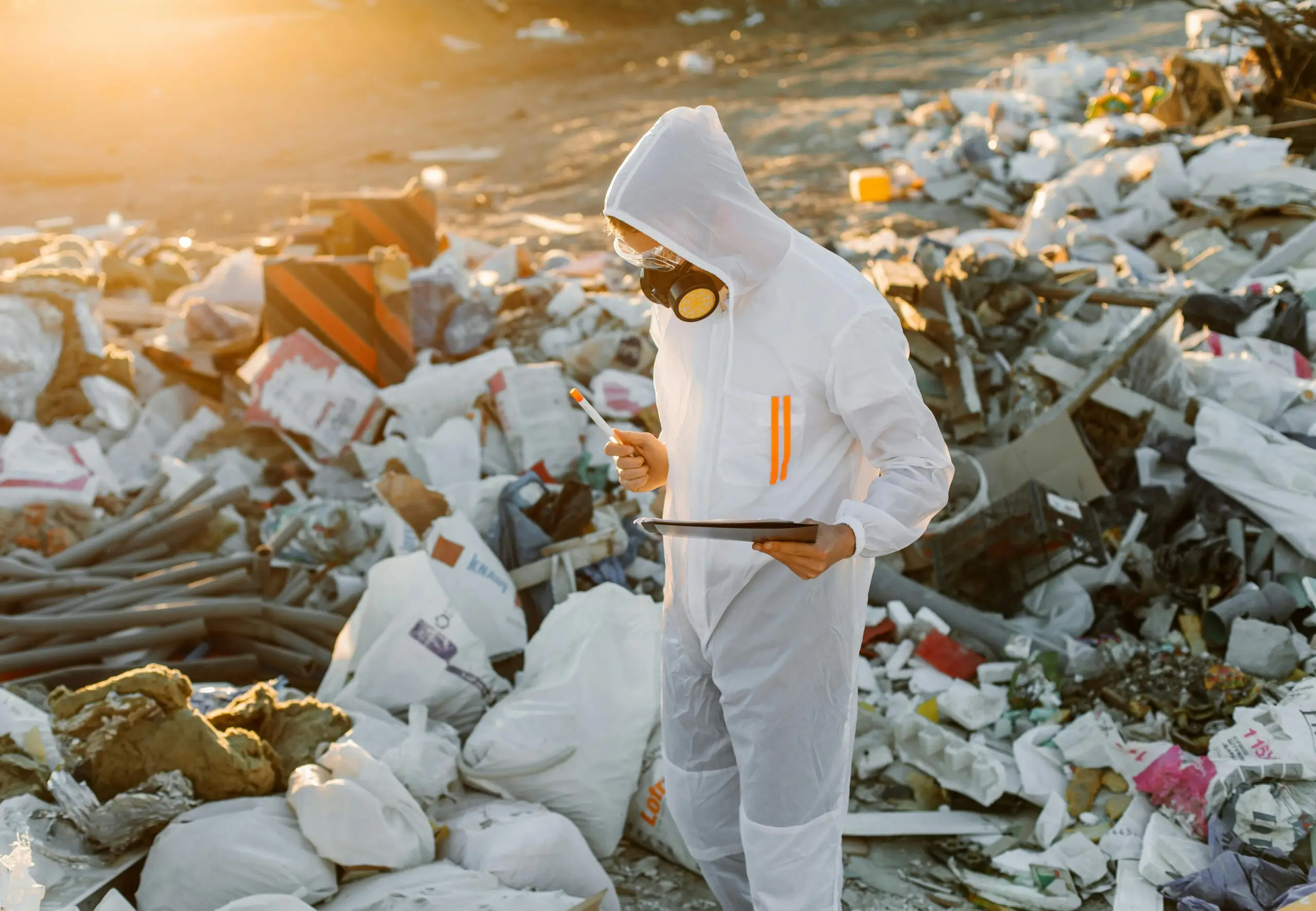 a man in a protective suit looking for hazardous waste that has not been subject to safe hazardous waste disposal
